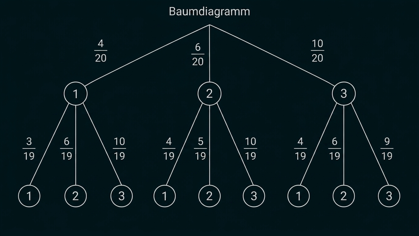 Baumdiagramm mit Zahlen und Bruchwahrscheinlichkeiten